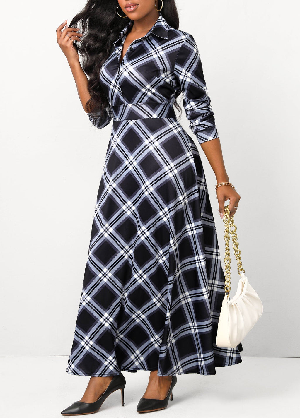 Plaid Button Black Shirt Collar Maxi Dress