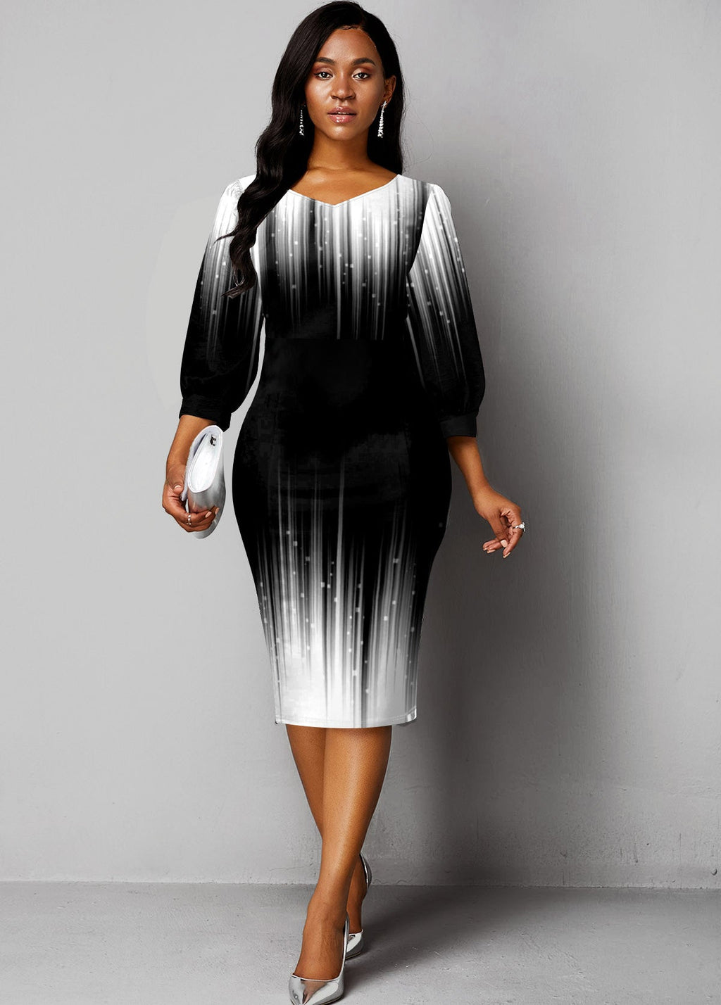 Printed Lantern Sleeve Ombre Sheath Dress