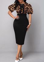 Puff Sleeve Bowknot Leopard Bodycon Dress