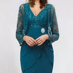 V Neck Lace Glitter Formal Evening Dress With Jacket