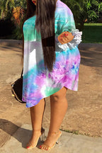 Plus Size Tie Dye Half Ruffle Sleeve Midi Dress