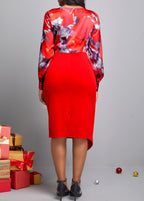 Floral Print Decorative Button Wine Red Dress