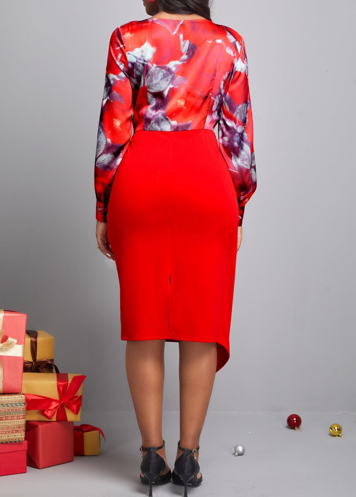 Floral Print Decorative Button Wine Red Dress