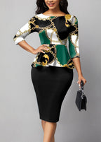 Chain Print Ruffle Black Midi Dress